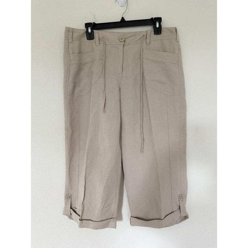 Sandro Paris Linen Utility Capri Pants Size 12 Cargo Drawstring Coastal Luxury